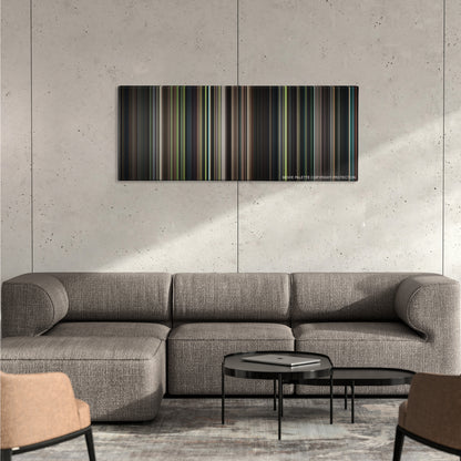 The Handmaiden color palette canvas on a concrete wall above a gray sectional sofa