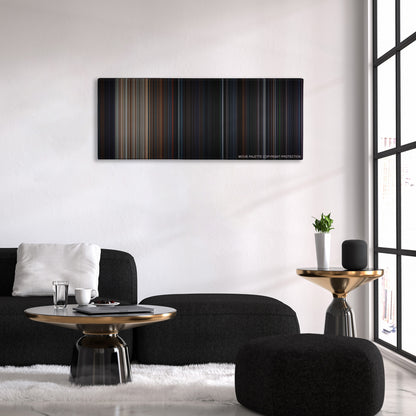 Olympus Has Fallen color palette canvas above a black sofa with a gold-topped table