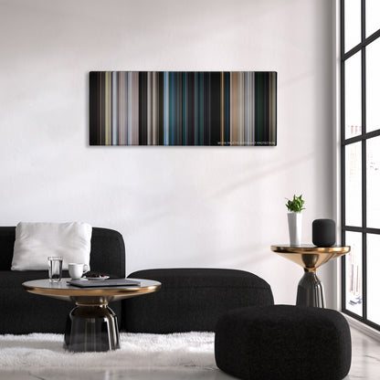 28 Weeks Later color palette canvas above a black sofa with a gold-topped table
