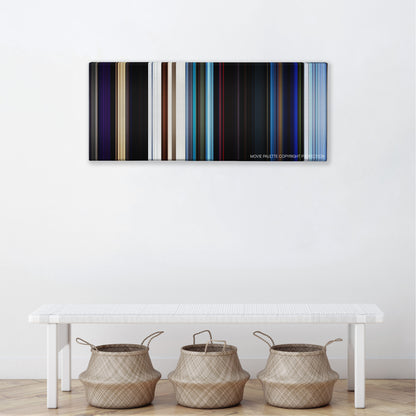 The Neon Demon color palette canvas above a white bench with three woven baskets