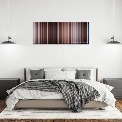 Practical Magic color palette canvas above a bed, between two black pendant lamps