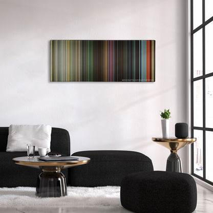The World's End color palette canvas above a black sofa with a gold-topped table