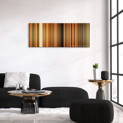 Curse of the Golden Flower color palette canvas above a black sofa with a gold-topped table
