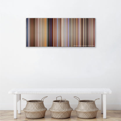 Anchorman: The Legend of Ron Burgundy color palette canvas above a white bench with three woven baskets