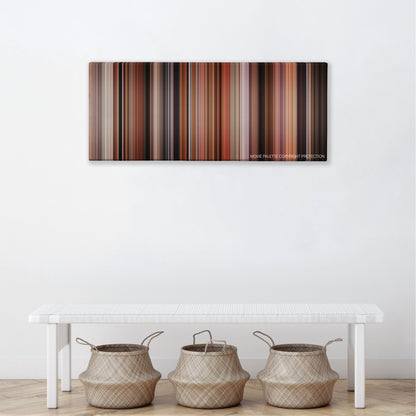 Volver color palette canvas above a white bench with three woven baskets