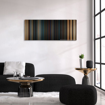 Fast & Furious color palette canvas above a black sofa with a gold-topped table