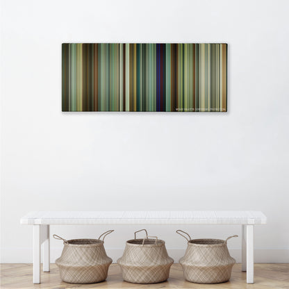 Tenet color palette canvas above a white bench with three woven baskets