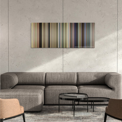 Dumb and Dumber To color palette canvas on a concrete wall above a gray sectional sofa