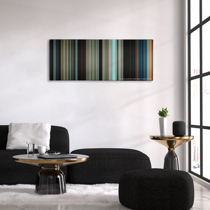 Pirates of the Caribbean: Dead Men Tell No Tales color palette canvas above a black sofa with a gold-topped table