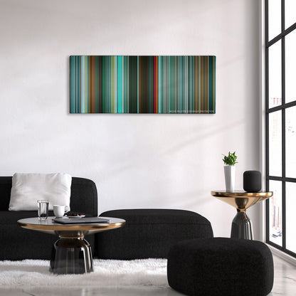 Unknown color palette canvas above a black sofa with a gold-topped table