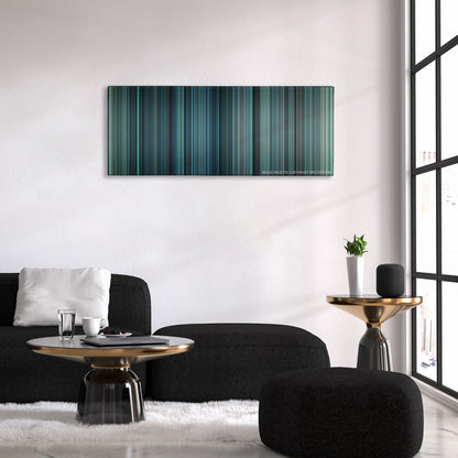 Non-Stop color palette canvas above a black sofa with a gold-topped table