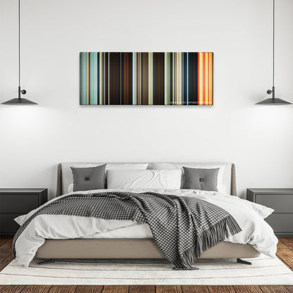 Macbeth color palette canvas above a bed, between two black pendant lamps