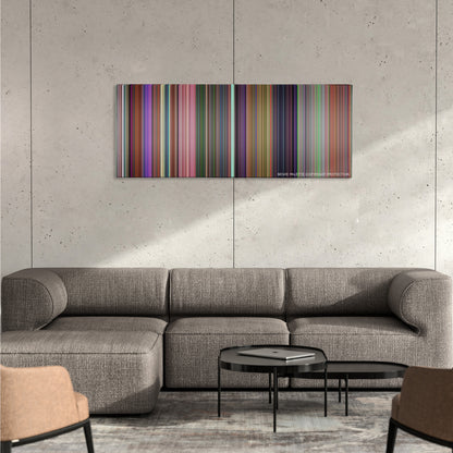 Alice in Wonderland color palette canvas on a concrete wall above a gray sectional sofa