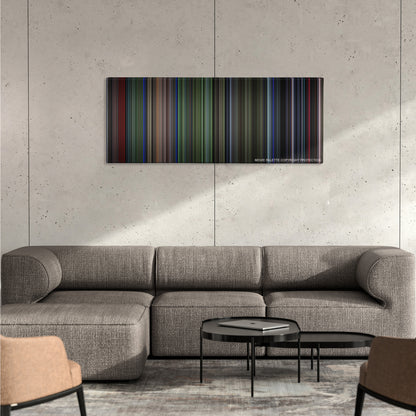 Predator color palette canvas on a concrete wall above a gray sectional sofa