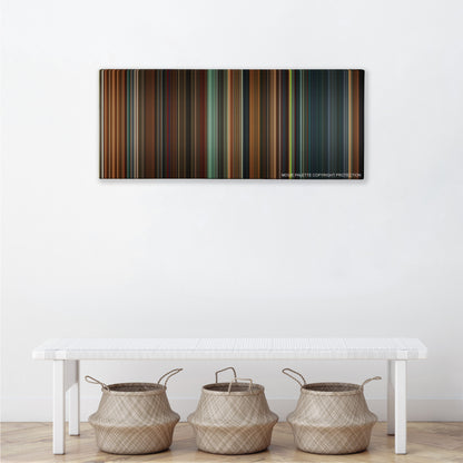 Constantine color palette canvas above a white bench with three woven baskets
