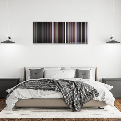 Doctor Zhivago color palette canvas above a bed, between two black pendant lamps