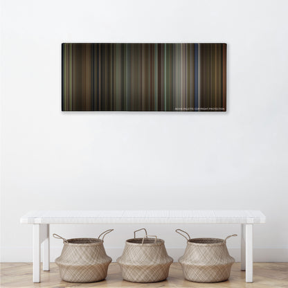 Jumanji color palette canvas above a white bench with three woven baskets