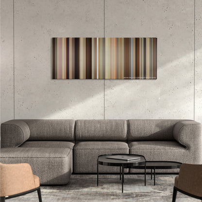 Trainwreck color palette canvas on a concrete wall above a gray sectional sofa