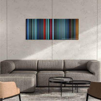 Atomic Blonde color palette canvas on a concrete wall above a gray sectional sofa