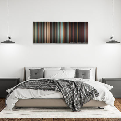 Suspiria color palette canvas above a bed, between two black pendant lamps