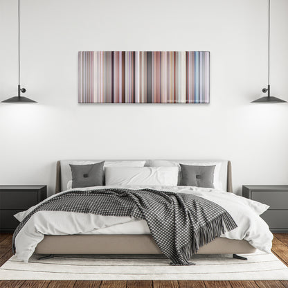 Sliding Doors color palette canvas above a bed, between two black pendant lamps