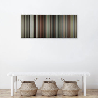 Burn After Reading color palette canvas above a white bench with three woven baskets