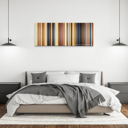Paddington 2 color palette canvas above a bed, between two black pendant lamps