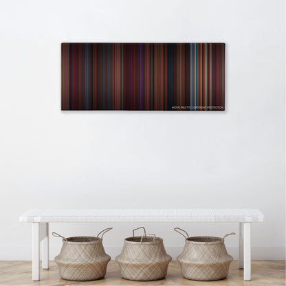 Burlesque color palette canvas above a white bench with three woven baskets