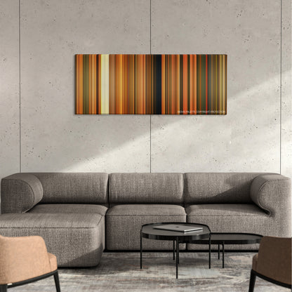 Curse of the Golden Flower color palette canvas on a concrete wall above a gray sectional sofa