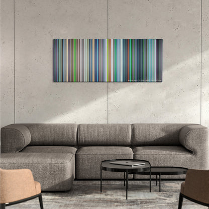 Ghost in the Shell color palette canvas on a concrete wall above a gray sectional sofa