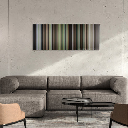 Robin Hood: Prince of Thieves color palette canvas on a concrete wall above a gray sectional sofa