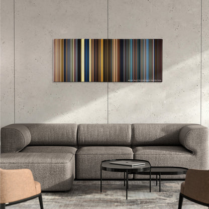 Guardians of the Galaxy Vol. 2 color palette canvas on a concrete wall above a gray sectional sofa