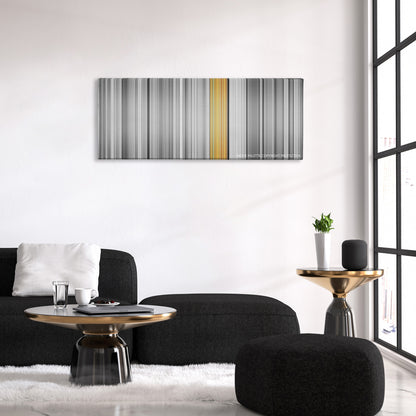 Clerks color palette canvas above a black sofa with a gold-topped table