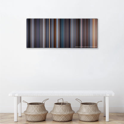 Equilibrium color palette canvas above a white bench with three woven baskets
