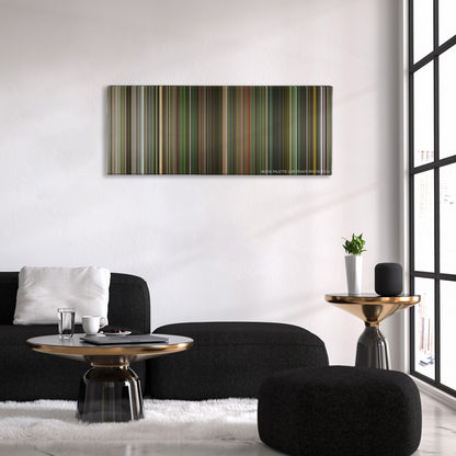 Dredd color palette canvas above a black sofa with a gold-topped table