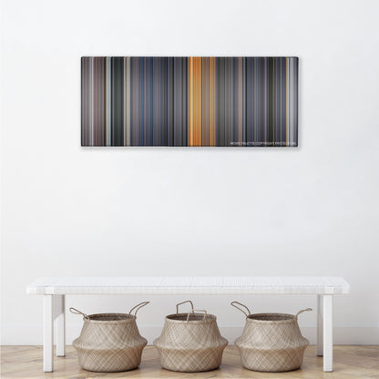 Galaxy Quest color palette canvas above a white bench with three woven baskets