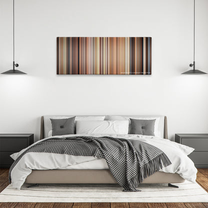 The Parent Trap color palette canvas above a bed, between two black pendant lamps
