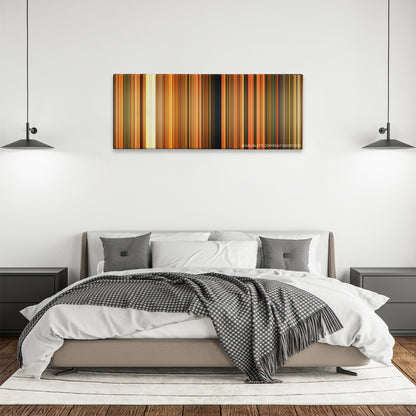Curse of the Golden Flower color palette canvas above a bed, between two black pendant lamps