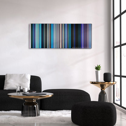 Finding Dory color palette canvas above a black sofa with a gold-topped table