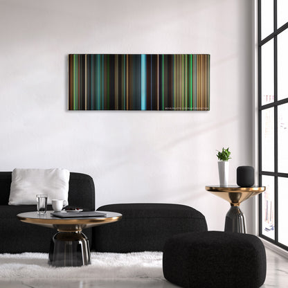 Warcraft color palette canvas above a black sofa with a gold-topped table