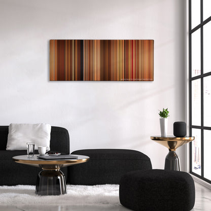 Vicky Cristina Barcelona color palette canvas above a black sofa with a gold-topped table