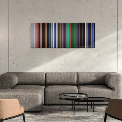 La La Land color palette canvas on a concrete wall above a gray sectional sofa