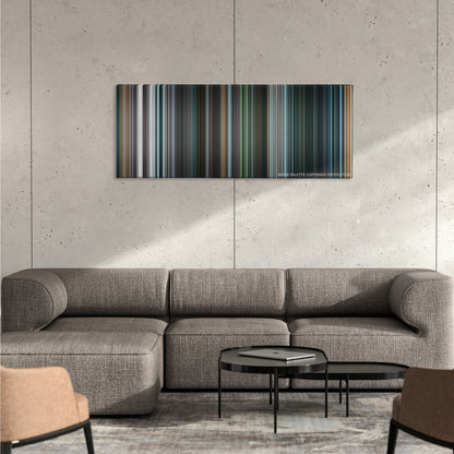 I, Robot color palette canvas on a concrete wall above a gray sectional sofa