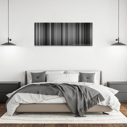It's a Wonderful Life color palette canvas above a bed, between two black pendant lamps