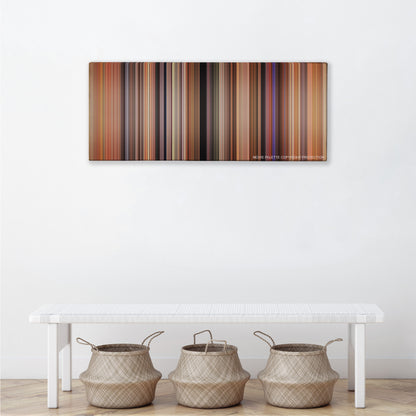 There's Something About Mary color palette canvas above a white bench with three woven baskets