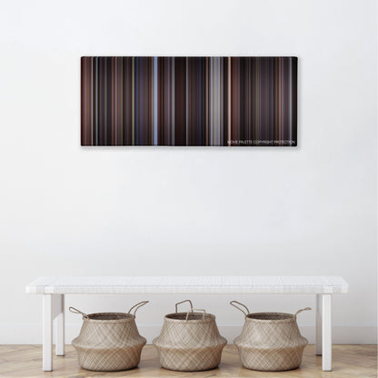 The Thomas Crown Affair color palette canvas above a white bench with three woven baskets
