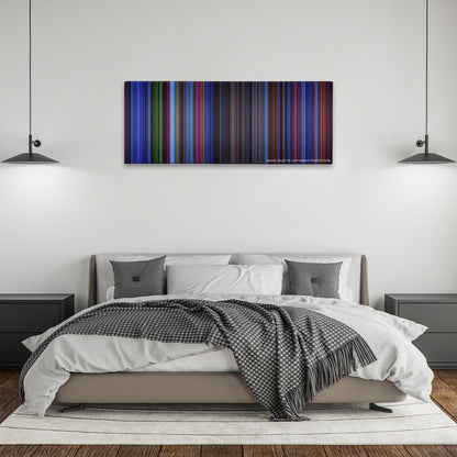 Batman & Robin color palette canvas above a bed, between two black pendant lamps