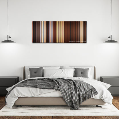 Django Unchained color palette canvas above a bed, between two black pendant lamps