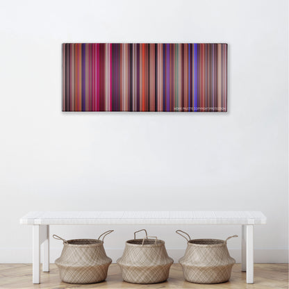 Showgirls color palette canvas above a white bench with three woven baskets