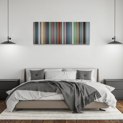 Castle in the Sky color palette canvas above a bed, between two black pendant lamps